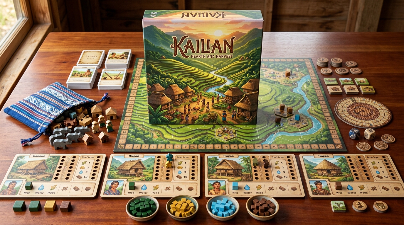 Kailian Hearth and Harvest Tabletop Board Game Box and Component Flatlay