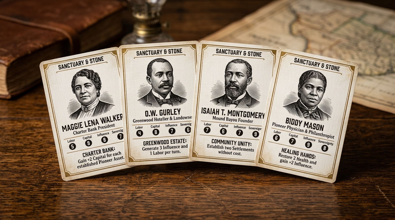 Four Historical Leader Cards: Maggie Lena Walker, OW Gurley, Isaiah Montgomery, Biddy Mason